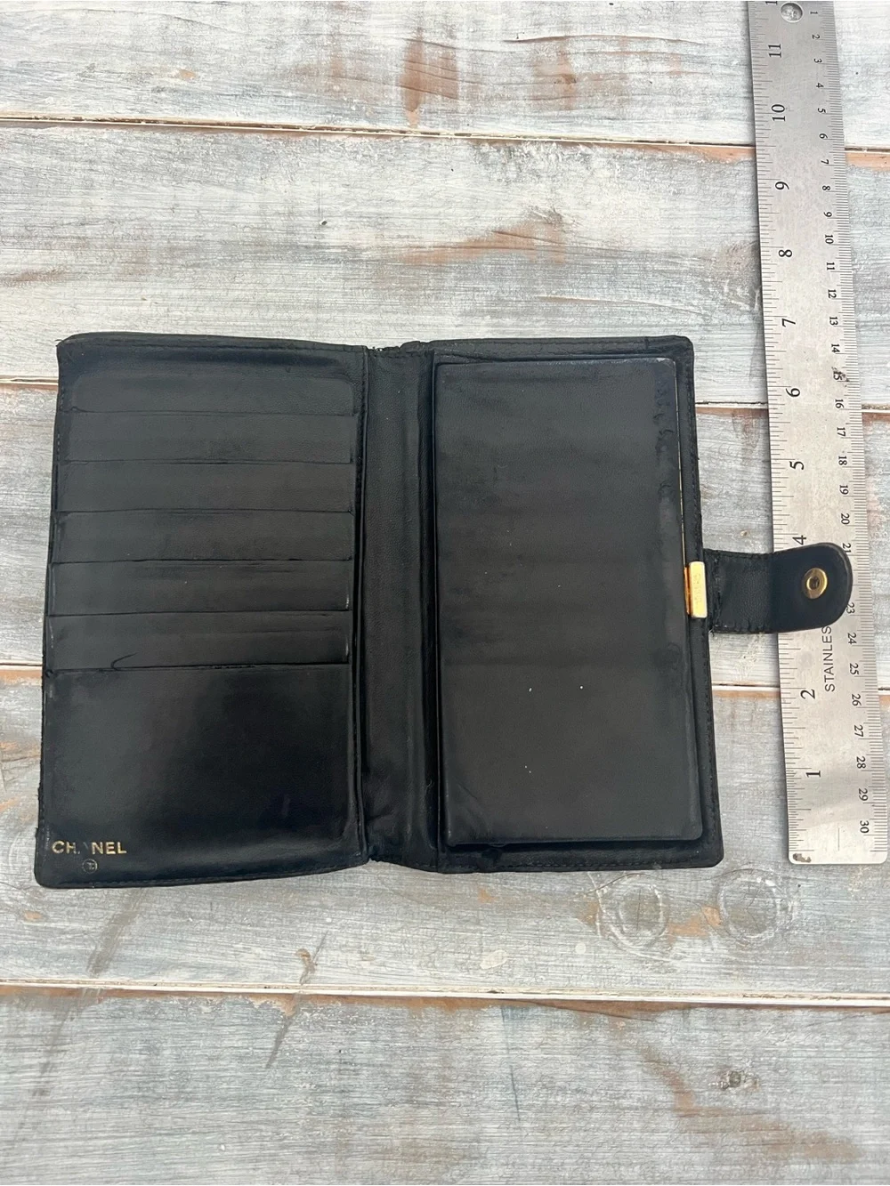Vintage Chanel Black Caviar Leather Wallet CC Logo Bifold Wallet Made in France